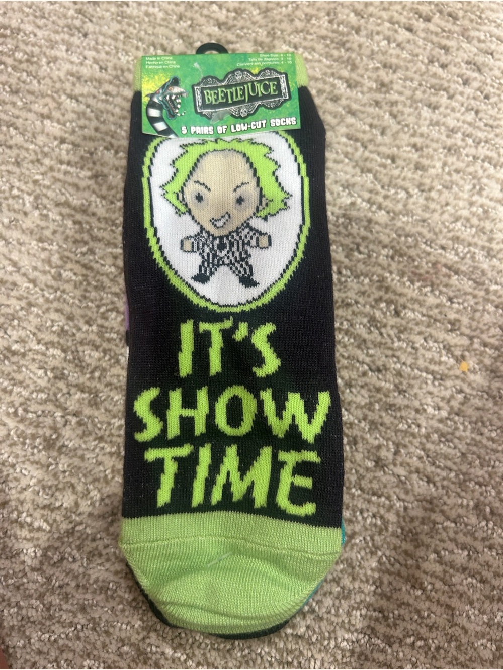 Beetle Juice Black & Lime 'It's Show Time' Low-Cut Socks 5 pair